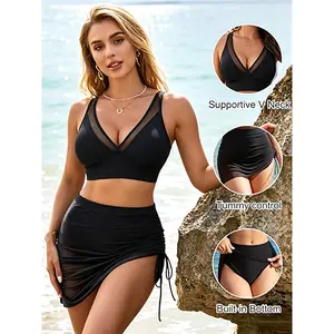 Mesh Sarong Wraps Bathing Suits Womens High Waisted Tummy Control Bikini Sets Mesh Swimsuits #SwimWeek