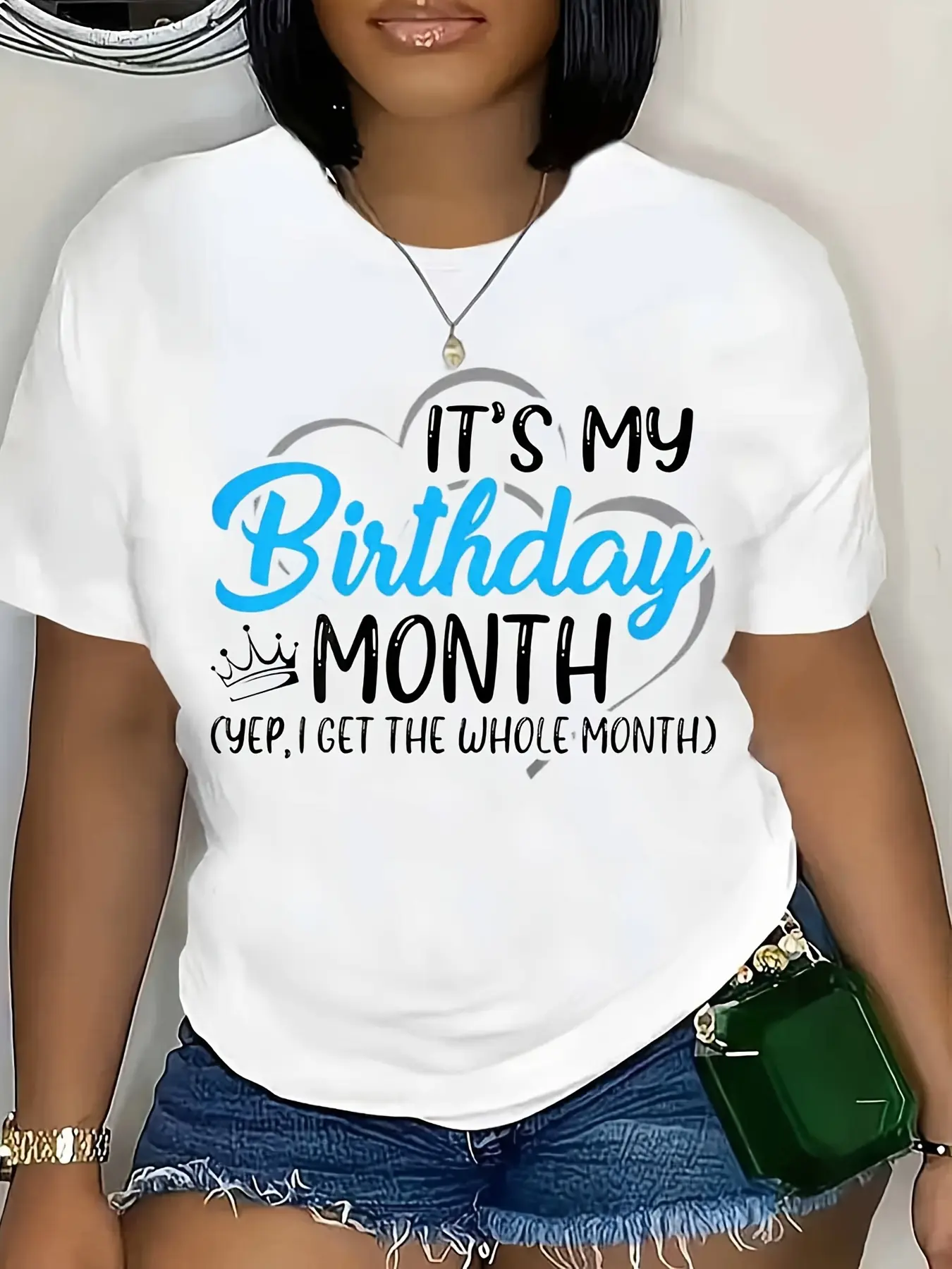 Plus Size - Plus Size - Women'S Birthday Month T-Shirt - "It'S My Birthday" Slogan with Crown And Balloon Print, Elastic Crew Neck Short Sleeve Top, All White Background with Blue Lettering, Machine Washable