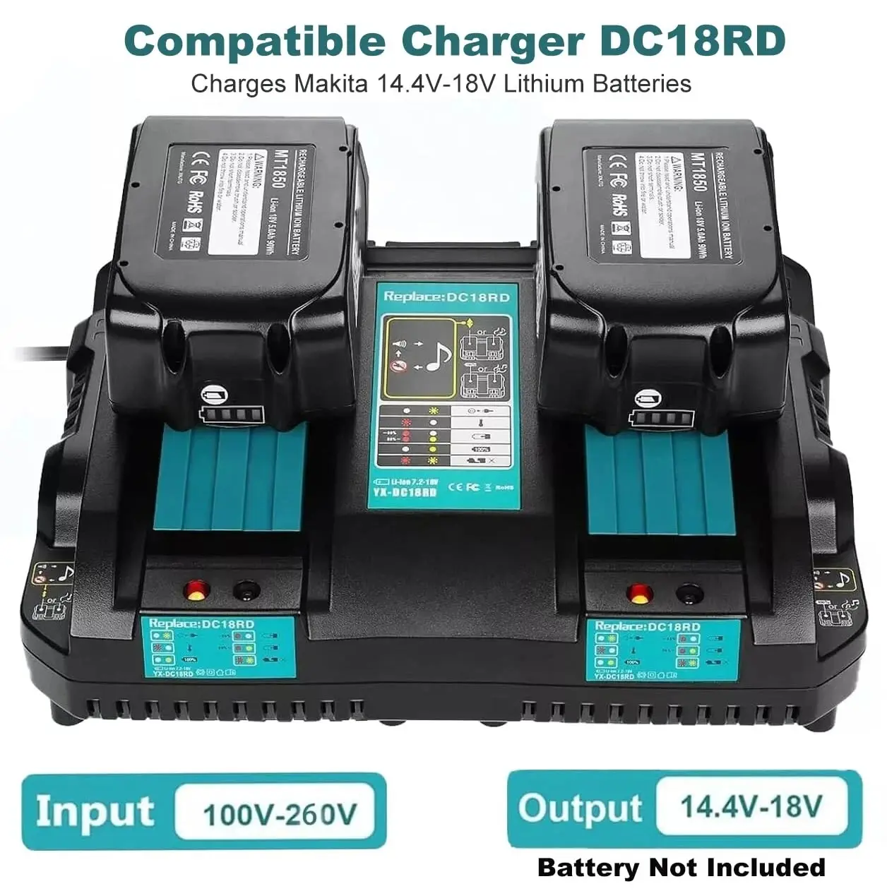 Brand New DC18RD 2-Port Rapid Optimum Charger for Makita 18V Lithium-Ion Power Tool Batteries, 110V-260V Dual Port Accessory with Durable and Cooling System for BL1815NA Batteries, 1 X Dc18rd Dual Port Battery Charger