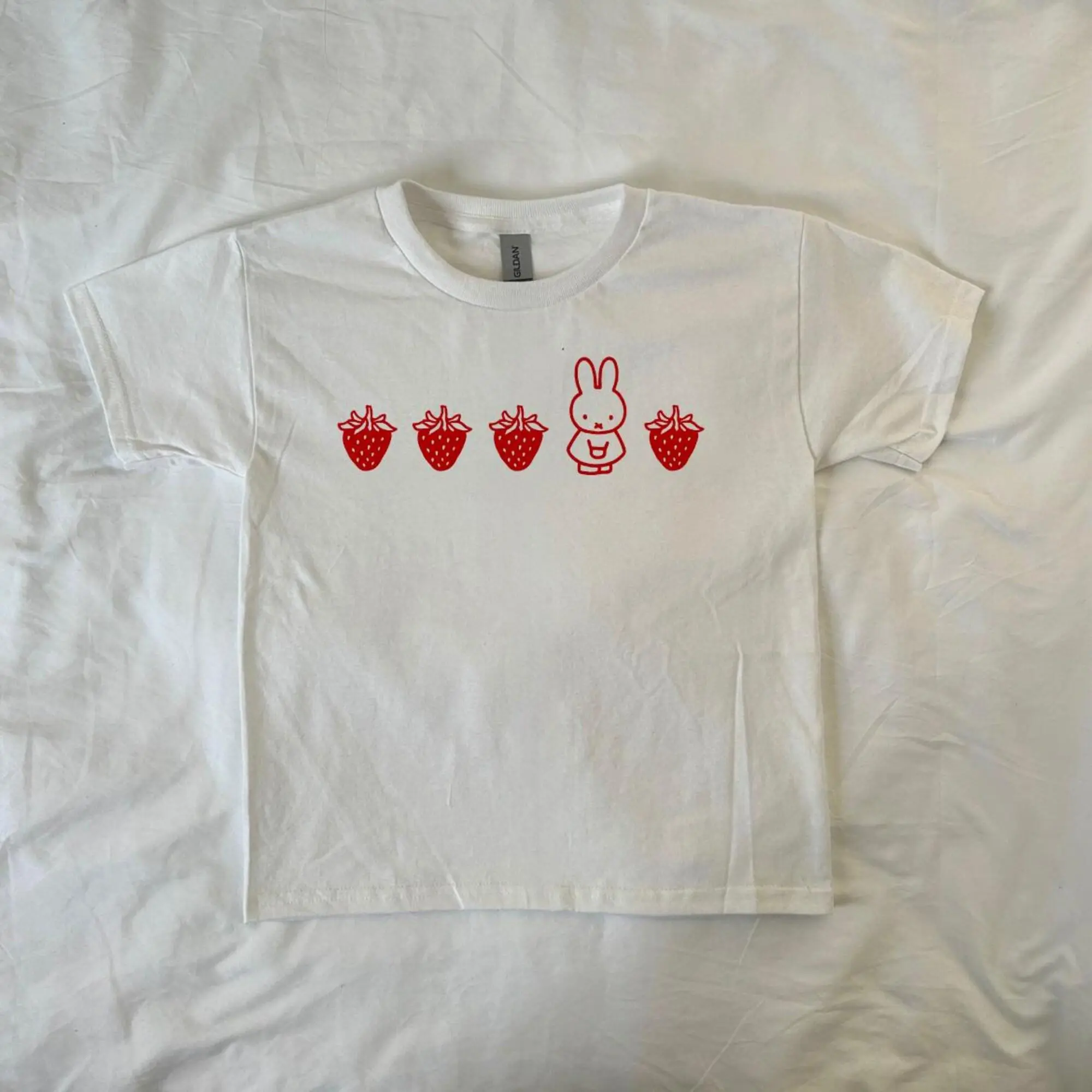 Print ShirtStrawberry Miffy Baby Tee, soft girl , y2k, Pinterest ,vintage cartoon, preppy, cute bunny, kawaii, Harajuku Fashion, Coquette