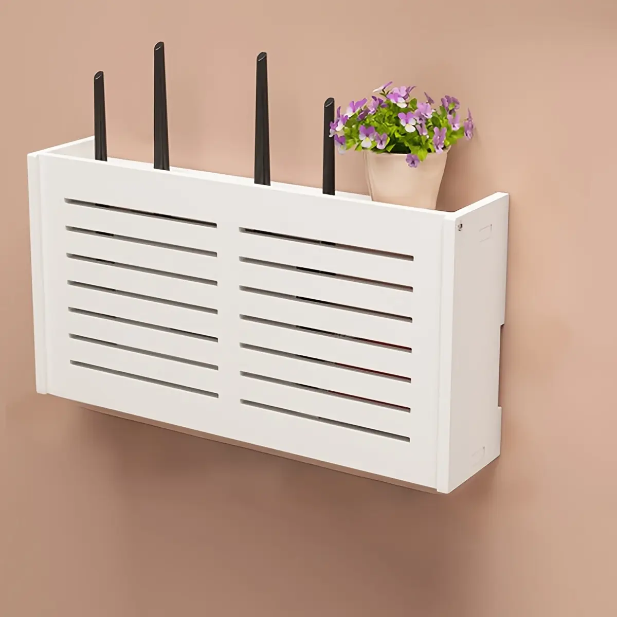 WiFi Router Storage Box Wall Mount Cable Management Organizer Modem Cover Shelf Flip Cover Design Space Saving Design Ventilated Router Hider No Drill Adhesive Mount Installation TV Set Top Box Holder White ABS