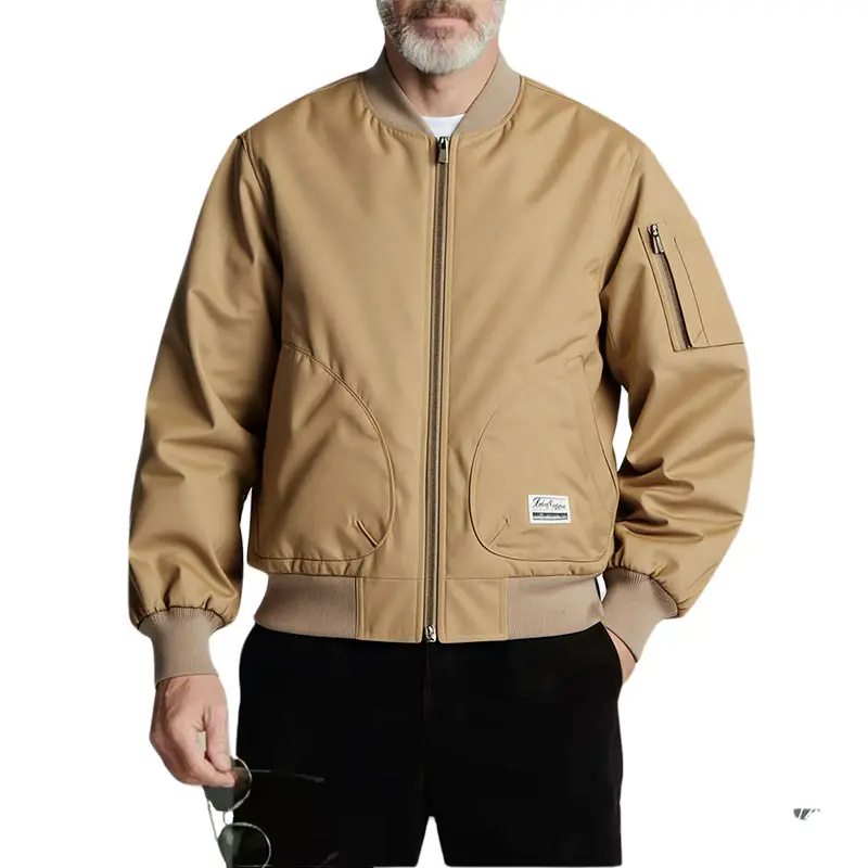 Men's Classic American Pure Cotton Aviator Workwear Jacket - Khaki, Baseball Collar, Zippered Pockets, Slim Fit, Short Length, Windproof, Wear-Resistant, Suitable for Autumn-Winter Everyday Commuting & Outings