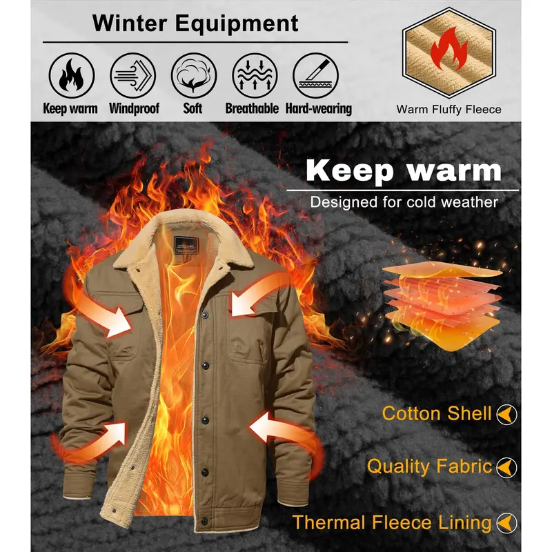 MAGCOMSEN Men's Fitted Sherpa-Lined Soft Cotton Fleece Windproof Trucker Cargo Jacket - Button-Front, Long-Sleeve, Warm Multi-Pocket Collared Coat for Hiking, Casual Outdoor Menswear Tops (Khaki Beige)