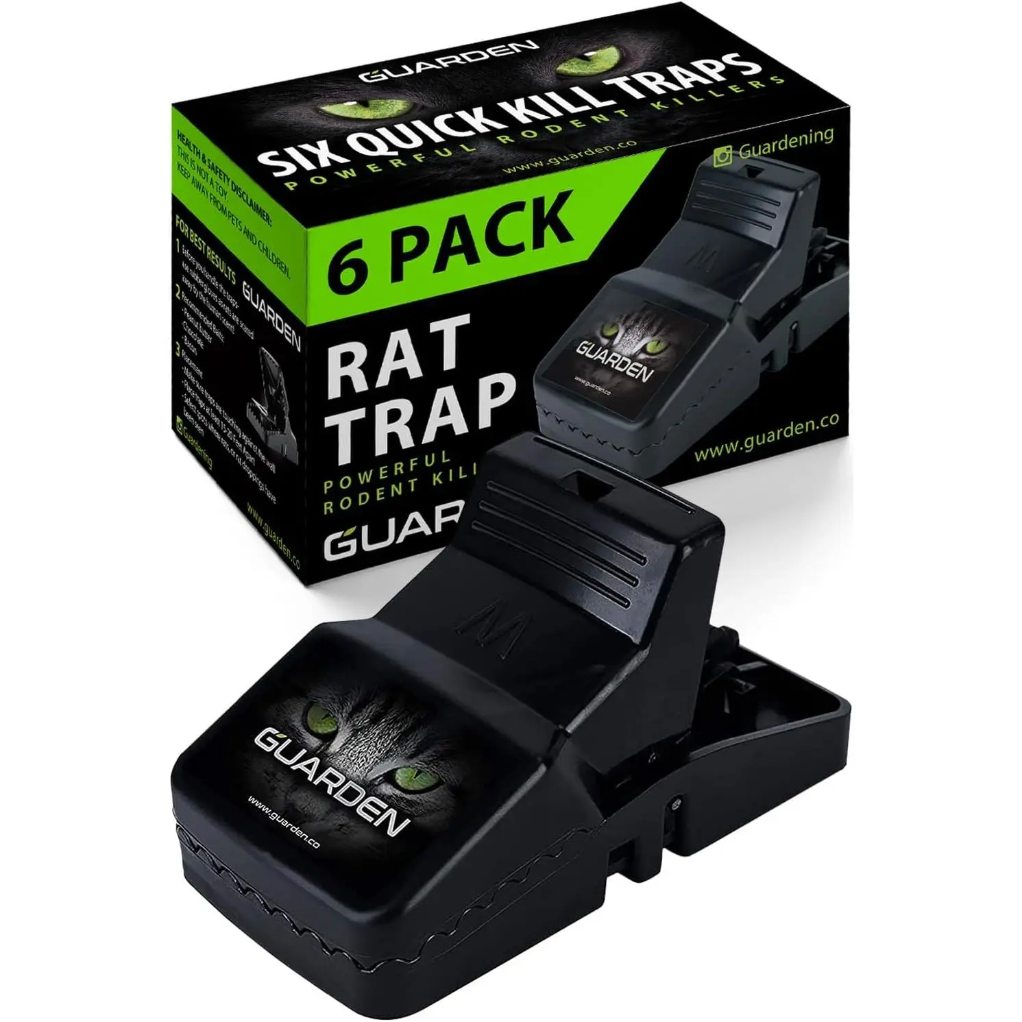 Guarden 6-Pack Snap Rat Traps - Humane and Effective Design, Quick and Easy to Set, Powerful Quick-Kill Rodent-Control for Indoor, Outdoor Use on Mice, Voles, Chipmunks (Minimizes Suffering)