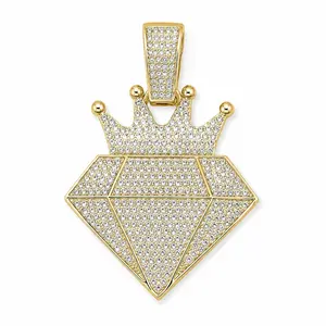 Geometric Diamond-Shape Iced Out Pendant, Ion-Plated Gold-Tone Stainless Steel with VVS CZ Stones, Hip-Hop Streetwear Costume Jewelry Charm