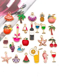 24pcs Mixed Fashion Enamel Charms, Beach Holiday Pendants, Juice Fruit Starfish Designs, DIY Summer Jewelry Accessories, Juice Box Pendant