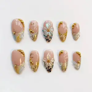Spring Flower Nails/Green press on nails long almond nails/Elegant nails/Gold chrome nails/Gel Nails/Star Moon Nails/Birthday nails