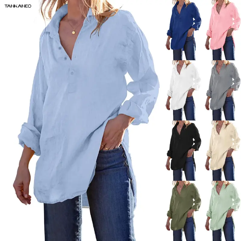Tankaneo Womens Cotton Linen Tunic Shirts Button Down Long Sleeve Blouse Tops Beach Cover Up