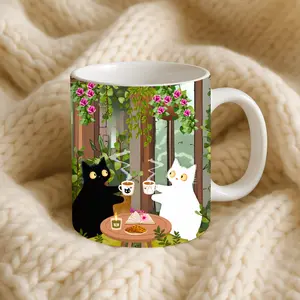 Cat Lover Coffee Mug Cozy Garden Scene Black & White Cats 11 oz Ceramic Reusable Washable Halloween Fall Gift Tumbler Cup