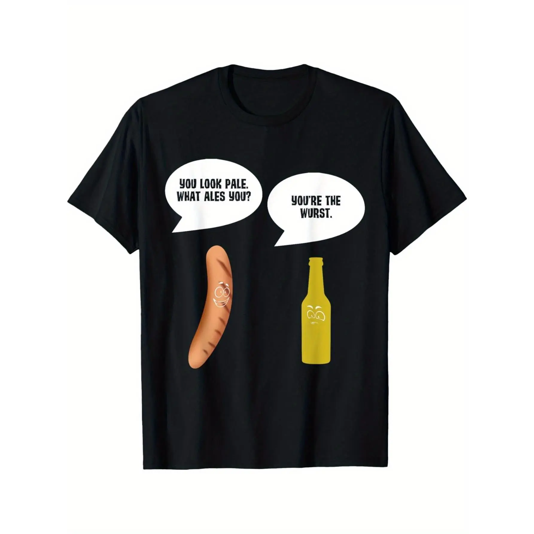 Mens Funny Food Graphic Tee Short Sleeve Crewneck Soft Cotton Shirt Baguette And Beer Bottle Cartoon Design Casual Summer Streetwear Top