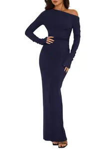 BTFBM One Shoulder Long Sleeve Dresses for Women Fall 2026 Bodycon Ruched Night Out Cocktail Wedding Guest Maxi Dress