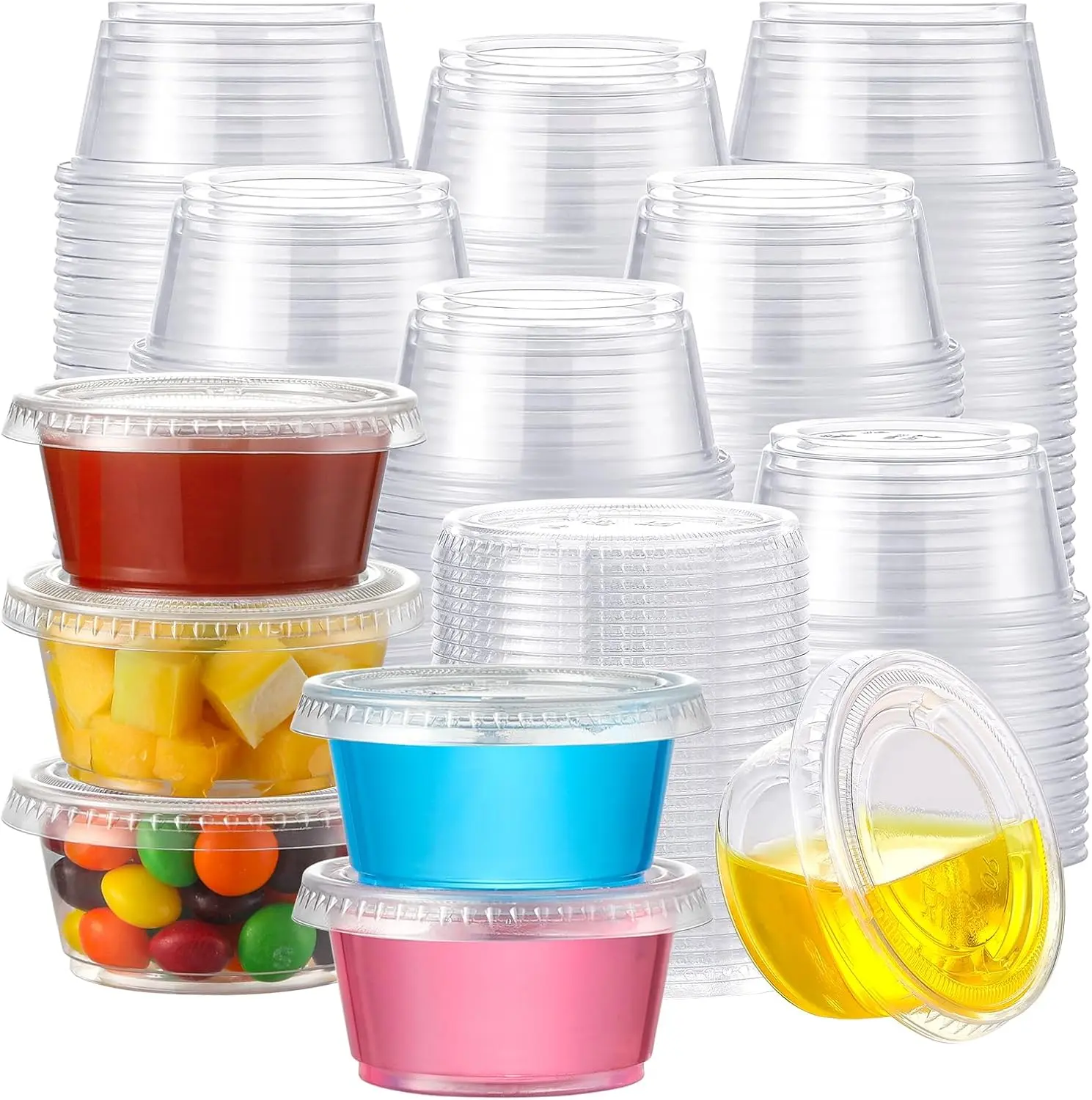 120 Sets Disposable Plastic Jello Shot Cups with Lids - 2 oz Airtight Party Supplies, Stackable Individual Plastic Dessert Cups, Small Kitchenware Portion Containers, Individual Cups