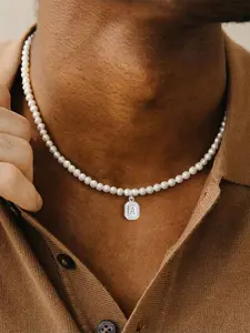 Men's Silver Color Zirconia Block Letter Pendant Necklace, Vintage Classic Simple Faux Pearl Beaded Chain, Casual All Seasons Jewelry
