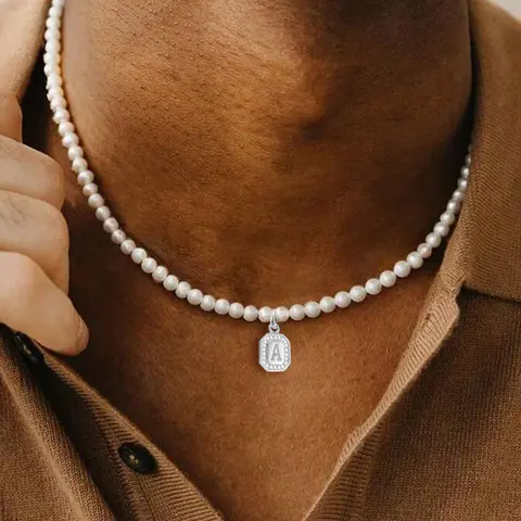 Men's Silver Color Zirconia Block Letter Pendant Necklace, Vintage Classic Simple Faux Pearl Beaded Chain, Casual All Seasons Jewelry, Dainty Necklace Daily Wear Letters Necklace, Alphabet Letter Necklace