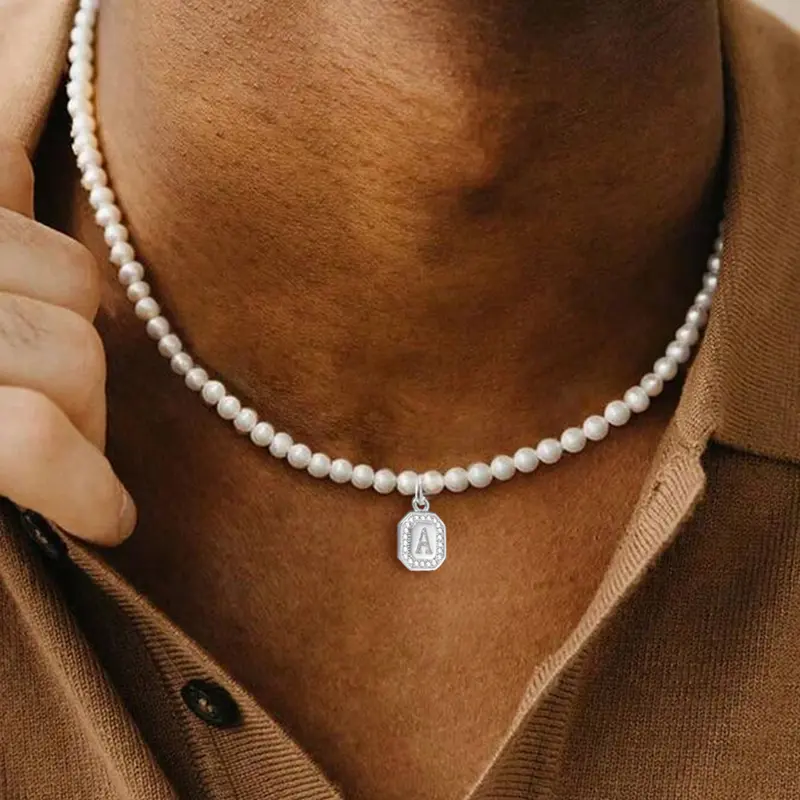 Men's Silver Color Zirconia Block Letter Pendant Necklace, Vintage Classic Simple Faux Pearl Beaded Chain, Casual All Seasons Jewelry, Dainty Necklace Daily Wear Letters Necklace, Alphabet Letter Necklace
