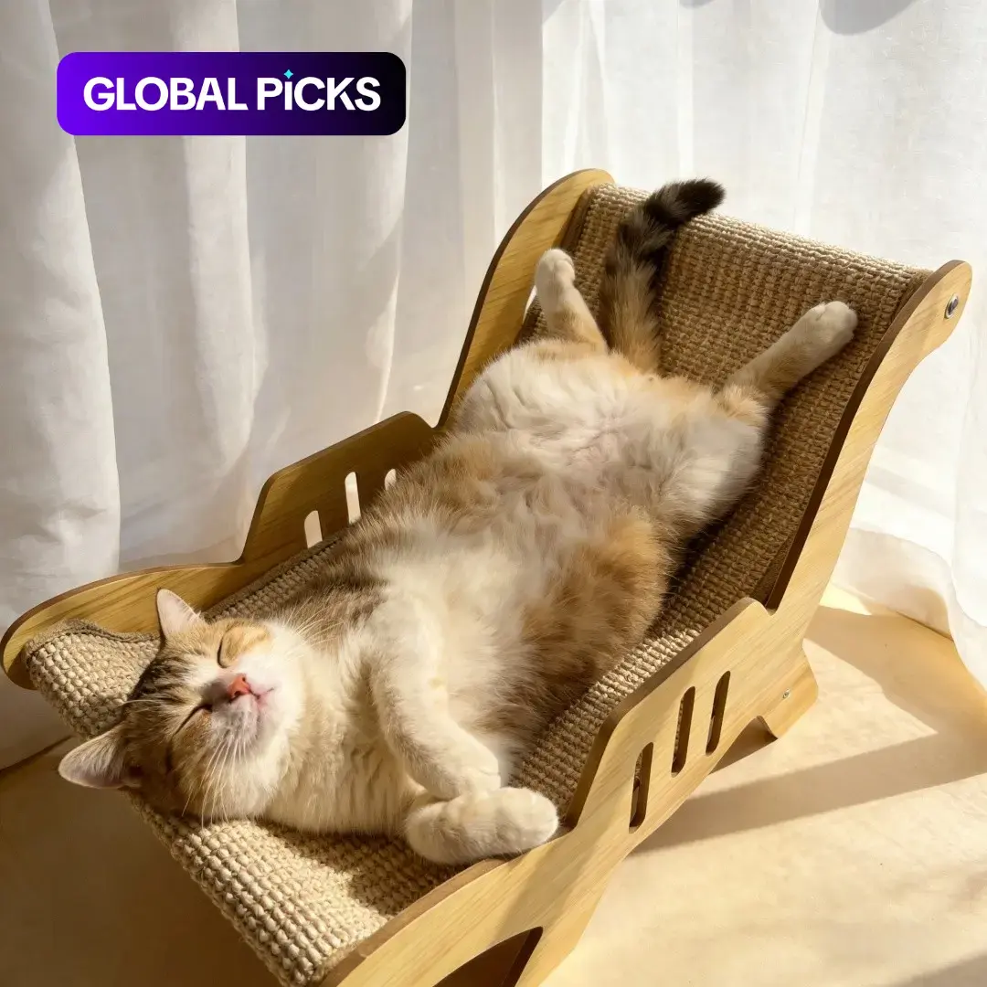 Sisal Cat Scratcher Chaise Longue, Wooden Frame Lounge Bed for Cats, Curved Scratching Board and Resting Chair, Ideal Gift for Home Indoor Cats #GLOBAL PICKS