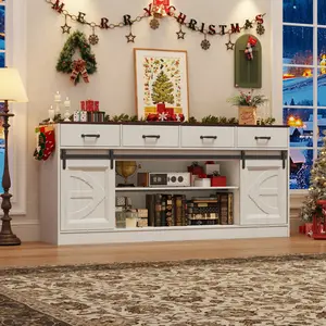 70" Farmhouse Buffet Sideboard with Sliding Door & 4 Drawers, Large Storage Credenza for Living Room