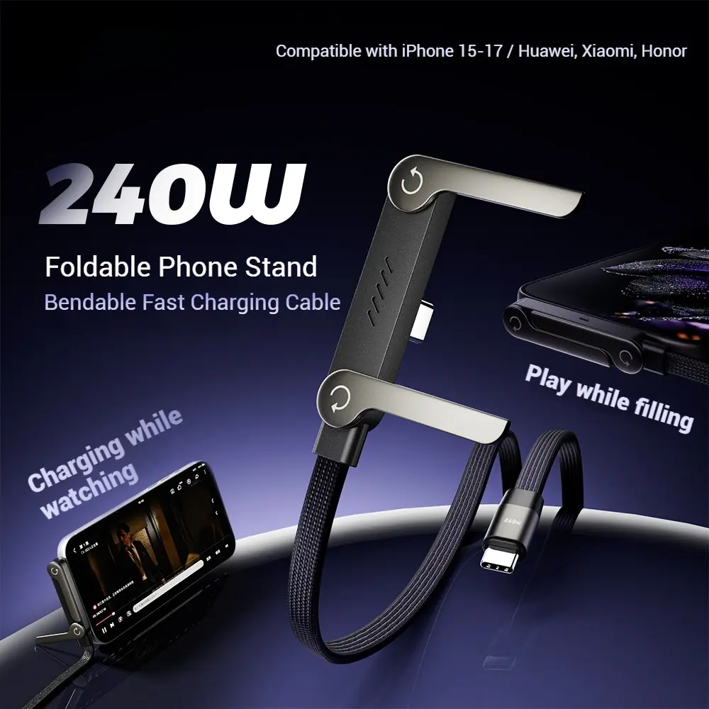 240W Foldable Phone Stand & Bendable Fast Charging Cable Compatible With iPhone 15-17 iPad Samsung Durable Type-C to Type-C Cable For Charging While Using Cellphone Smartphone Black Aluminium Connector