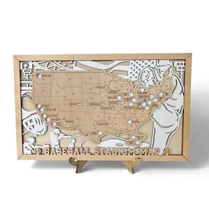 Baseball Stadium Map Wooden Wall Art - Major League Ballparks Tracker Checklist for Dad Boyfriend Husband Daughter Son - Interactive Durable Field Map with Stand & Team Pins- Perfect for Decor Ornaments Room Decoration Photo Print Artistic