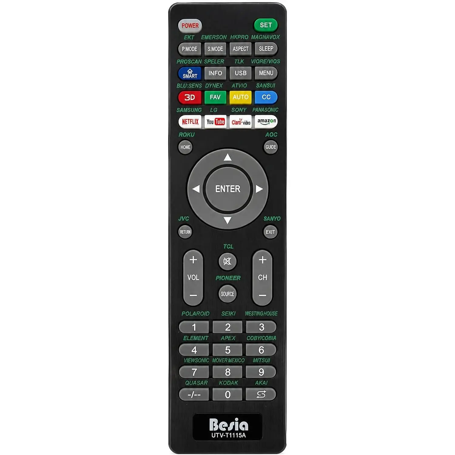 Universal TV Remote Control Replacement for Smart TVs, UTV-T1115A, Compatible with Emerson, Magnavox, Sanyo, TCL, Hisense, Element, Westinghouse, Seiki, Polaroid, JVC, Akai, Coby and More