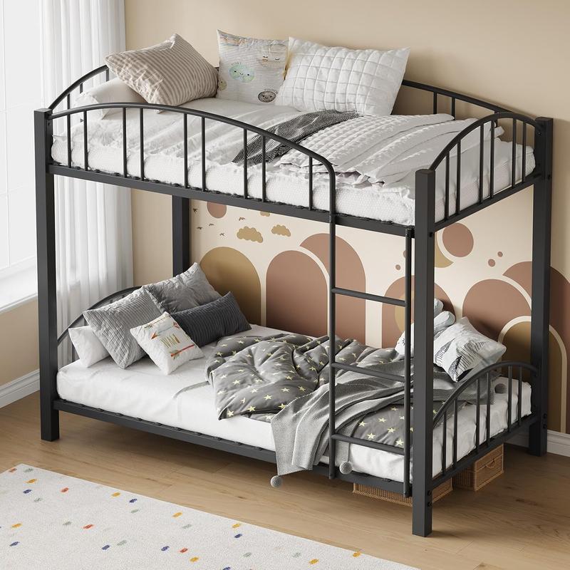 Metal Bunk Bed Twin Over Twin Heavy Duty Bunkbeds Frame with Arched Guardrail and Safety Ladder Sturdy Steel Bed for Kids Boys Girls Space-Saving No Box Spring Needed Matte Black