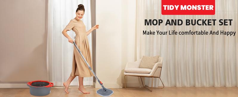 [2025 Upgraded] Spin Mop and Bucket System Set, Dirty & Clean Water Separation System, Adjustable 360° Rotating Mop-Head With Bucket & Mop Pad