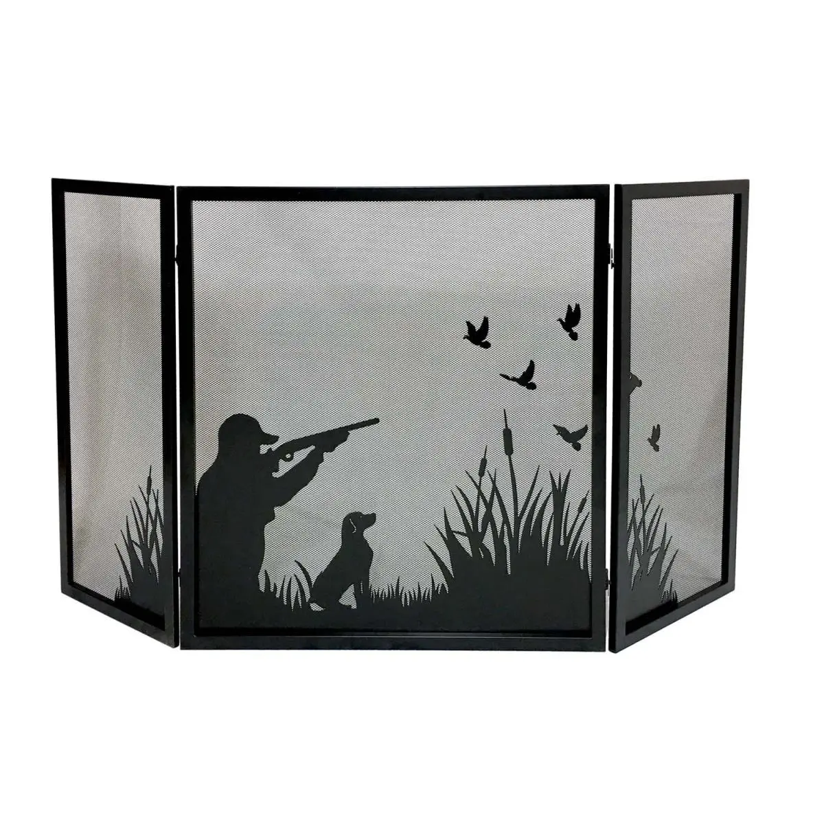 212 MAIN Foldable Metal Fireplace Spark Guard, 3-Fold 57.75x32in Black, Duck Hunting Design, Fireplace Decor, Home Festive Supplies Accessory