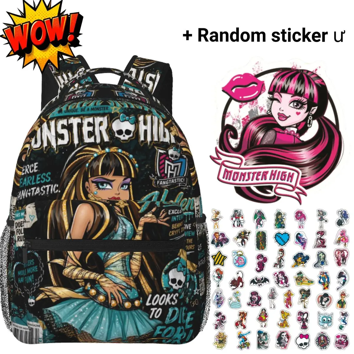 Monster High Backpacks for School Cleo De Nile All-Over Print, Large Capacity Black Gold Goth Monster High Laptop Daypack for Campus Daily Commute, Cartoon Monster High School Bag Gift for Teens Students