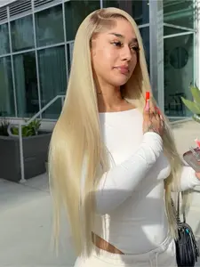 Blonde with Dark Root 13x4 Lace Front Wig Free Part HD Transparent Lace Pre Plucked Natural Hairline Heat-Resistant Synthetic Wig Blonde Concert Look Straight Wig Coachella Festival Look Lace Frontal Wigs Everyday Wear 28 Inches