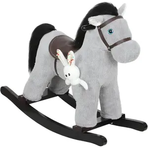 Rocking Horse, Kids Plush Animal Rocker with Realistic Neighing Sound for Toddlers 2-5 Years Old, Soft Filling Ride on Horse with Rabbit Toy, Gray