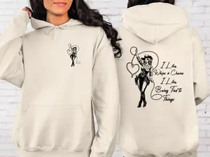 Women's Statement Long-Sleeve Sweatshirt-Hoodie Piece, "I Like Whips & Chains" Design, Fits Unisex, Casual Top for Back to School, Unleashes Your Inner Cowgirl with a Twist