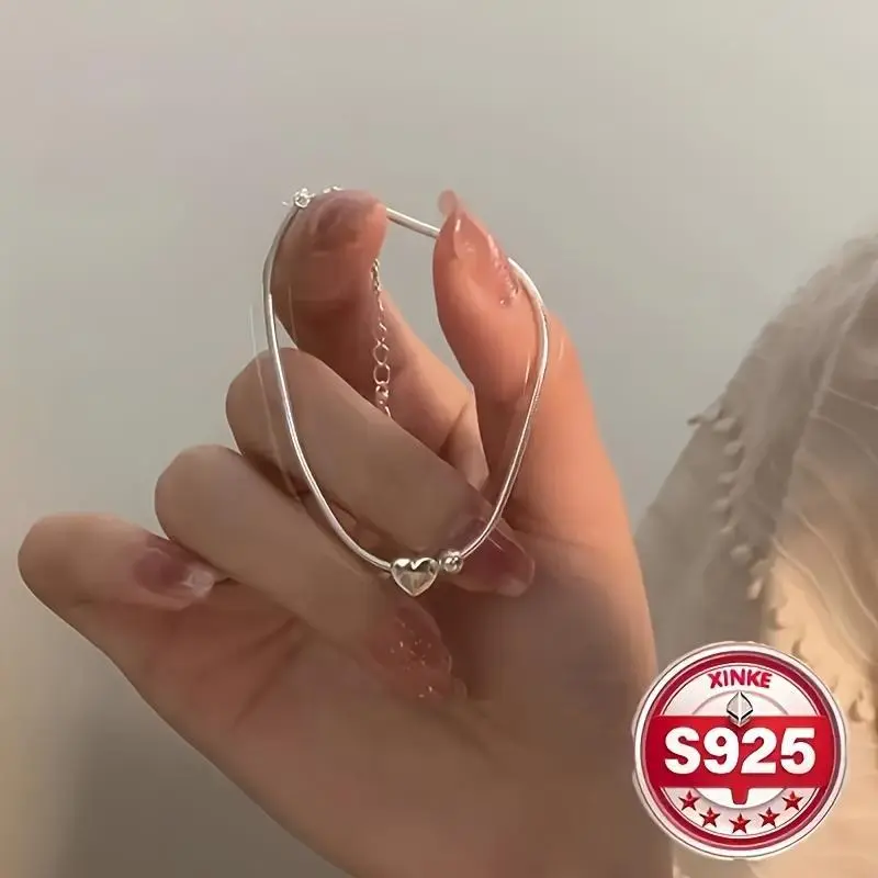 1pc Elegant 925 Sterling Silver Bracelet with Heart Charm, Minimalist Fashion Jewelry, Perfect Gift for Wedding, Birthday, New Year, Valentine'S Day