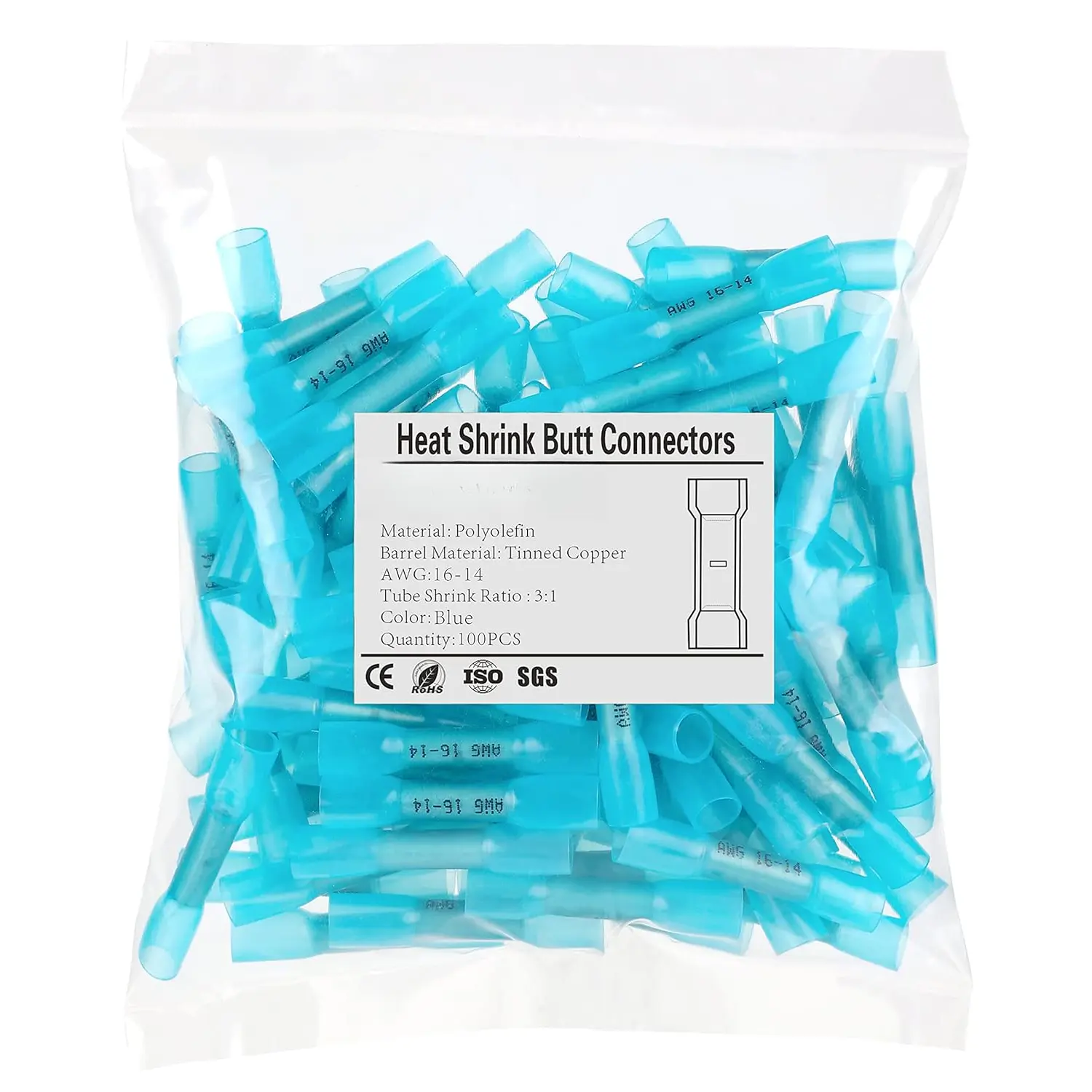 100 count Blue Heat Shrink  Connectors AWG16-14,Marine Grade  Heat Shrink Wire Connectors,Tinned Red Copper 0.8mm,Insulated Crimp  Splice Electrical Connectors