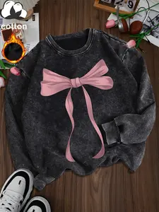 Women's Casual Vintage Wash Cotton Pullover Sweatshirt, Round Neck Long Sleeve Fleece Lined Hoodie for Fall Winter Fashion Knot Tops