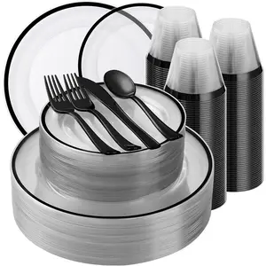 350 count Black and Clear Plastic Dinnerware Sets for 50 Guests, Include 100 Black Disposable Plates, 100 Forks, 50 , 50 Spoons, 50 Cups