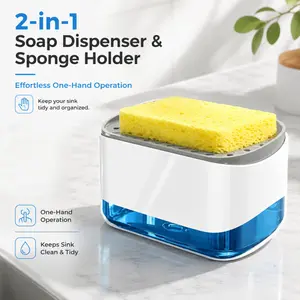 One-handed press-type soap dispenser with sponge holder and multi-functional kitchen detergent pump dispenser for quick liquid dispensing.