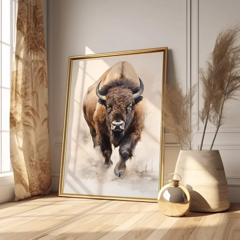 Bison Watercolor Poster, Nature Lover's Wall Art, Buffalo Painting Decor, Rustic Home Decoration