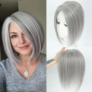 100% Human Hair Topper for Women | Realistic Skin Parting Silver Gray Hairpiece | 9x13cm Base for Thinning Crown & Gray Coverage | 11 Inch Clip-in Volume Add for Salt & Pepper Hair