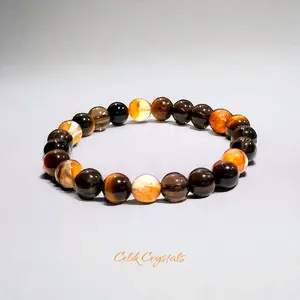 Smoky Quartz Bracelet with Golden Healer Quartz & Tiger's Eye Beads 8mm 10mm Unisex Natural Stones Stretch Crystal Healing Bracelet
