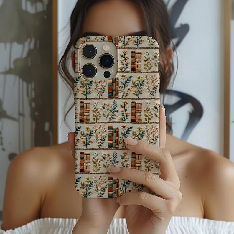 Embroidery bookish Flower Phone Case, Cottagecore Cover, Book Lover, Floral Aesthetic, 3d look, Gift for Her,phone Case Suitable for Iphone 11/12/13/14/15/16/17 Pro Promax Plus Air
