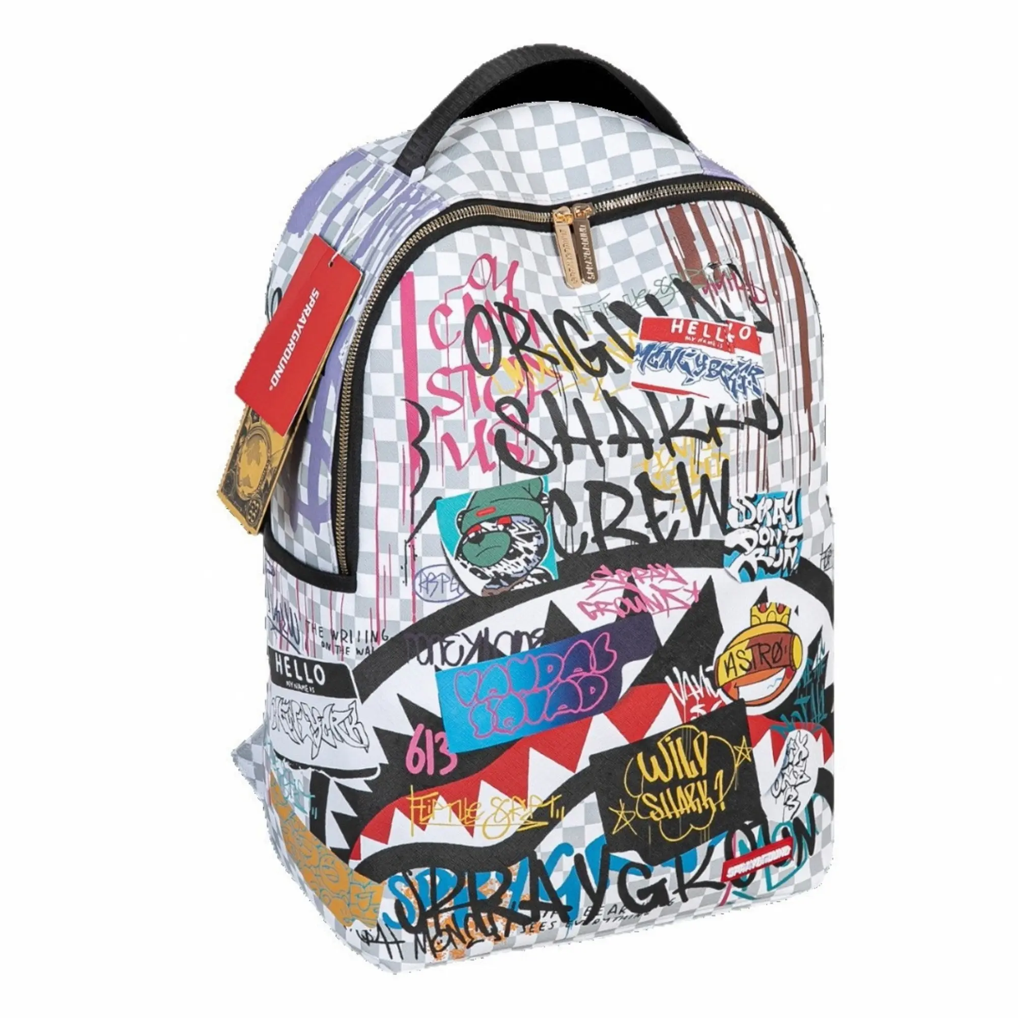 Original Shark Crew Graffiti Backpack White Checkered Graphic School Bookbag Water Resistant Laptop Bag for Men