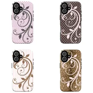 Aesthetic Floral Swirl Phone Case|Vintage Leaf Pattern, Soft Pink Polka Dot & Stripe Design Cover For iPhone 8-17