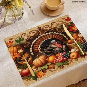 2D flat printing, 2-piece/4-piece 6-piece set, Thanksgiving elements, fashionable linen placemat, restaurant heat-resistant, placemat, home dining table decoration, kitchen party holiday decoration, washable placemat