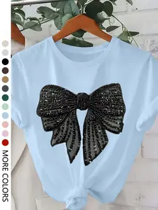 Women's Glitter Bow Butterfly Print Short Sleeve Tee, Casual Round Neck T-shirt for Daily Wear, Ladies Sleepwear for All Seasons, Top