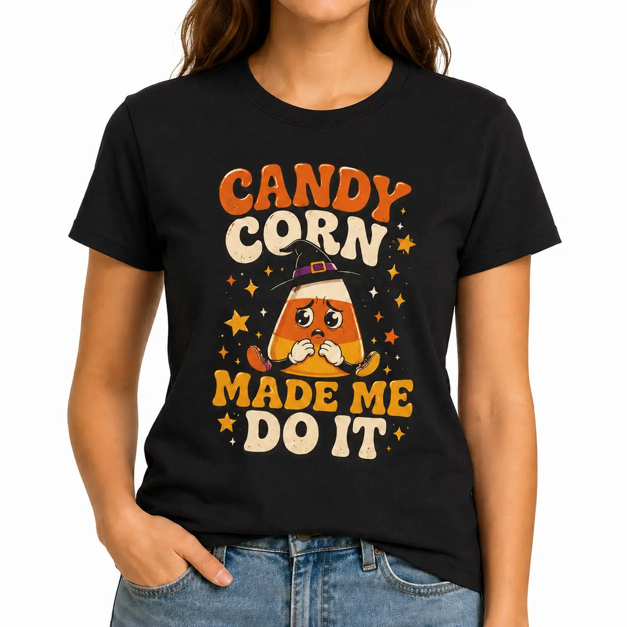 Candy Corn Made Me Do It Shirt, Funny Halloween Candy Corn Tee, Cute Witch Graphic T-Shirt, Vintage Comfort Colors Fall Shirt, Spooky Season Gift