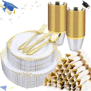 350 count White and  Plastic Plates, Plastic Dinnerware Set for 50 Guests, 100 Disposable Plates, 150 Silverwares, 50 Cups, 50 Napkins for Party, Wedding, Graduation