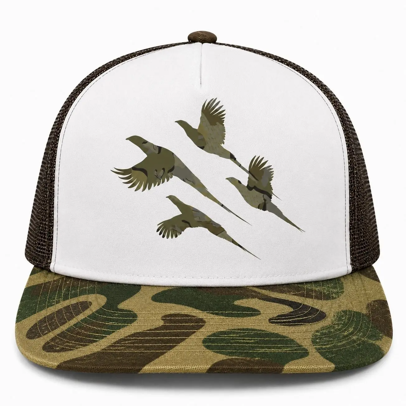 Flying Pheasant Camo Trucker Hat, Upland Game Bird Hunting Cap, White Foam Front Flat Bill Mesh Snapback