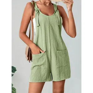 Women's Textured Adjustable Straps Pockets Overalls, Casual Solid Sleeveless Romper for Summer Outdoor Vacation Holiday, One Piece Outfit Clothes, Dungarees