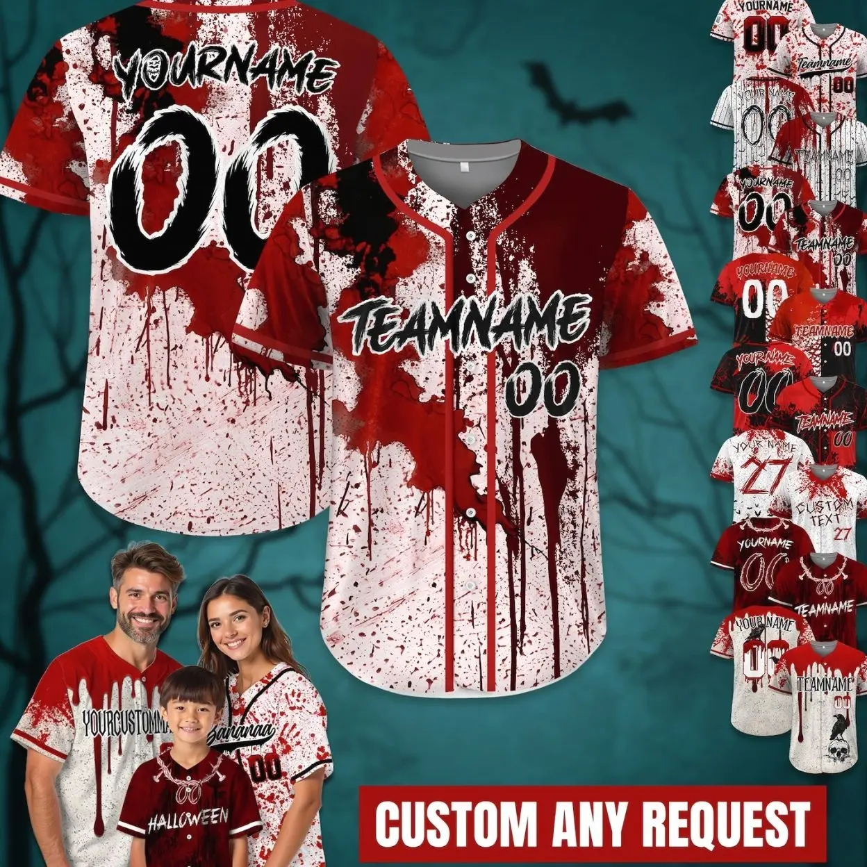 Personalize Blood Splatter Baseball Jersey for Men Women Youth Kid, Custom Halloween Party Jersey For Baseball Team Creepy Halloween Gift