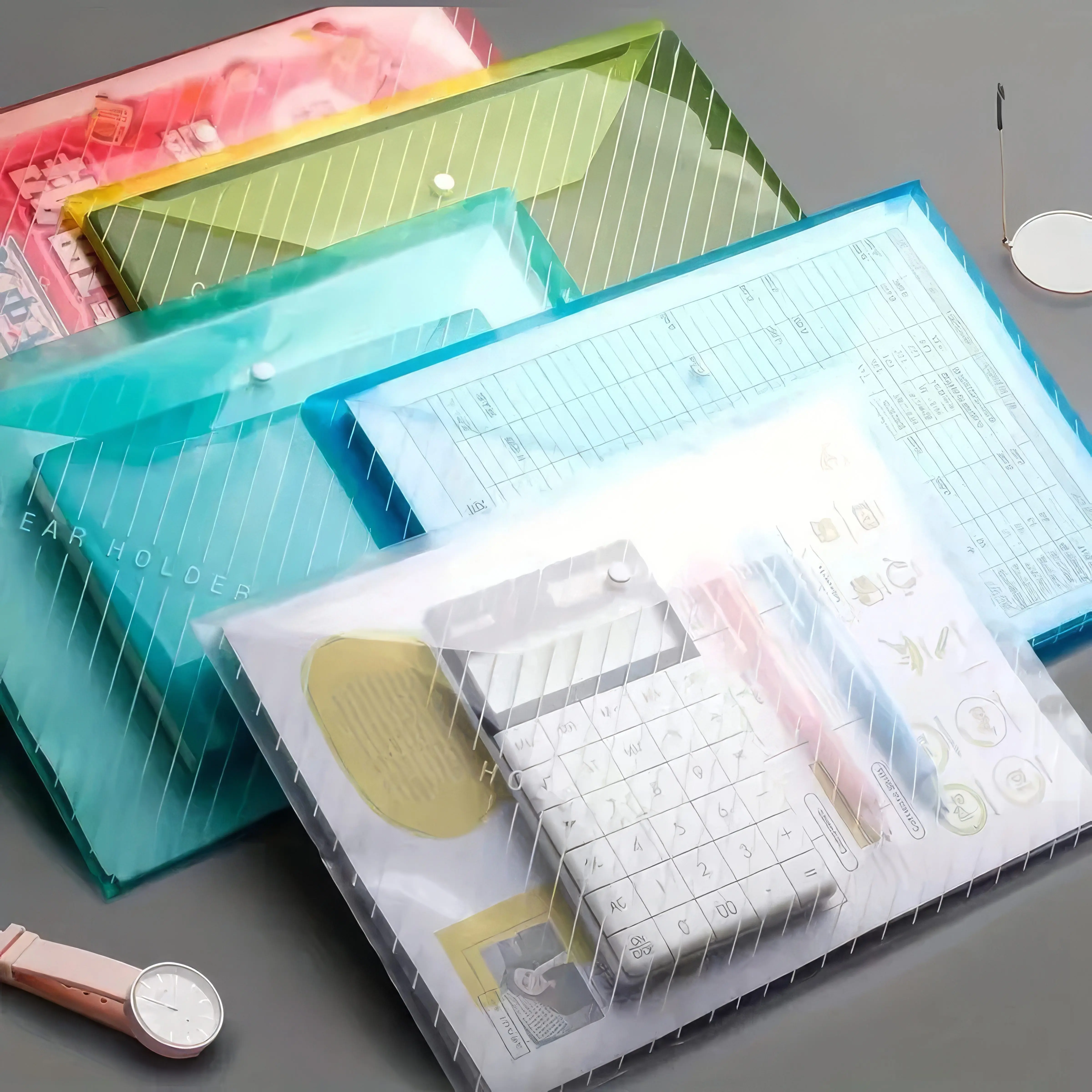 10 Pack A4 Clear Document Folders, Plastic Snap Button File Envelopes, Mixed Colors Poly File Bags, Waterproof Paper Organizer, Reusable Document Pouch for Office School Home Stationery Supplies